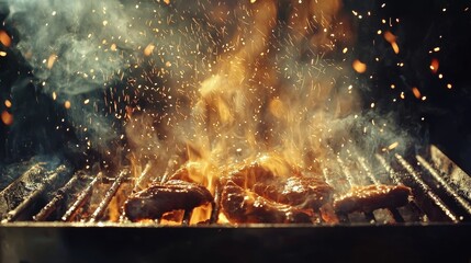 Dynamic composition of barbecue grill with glowing embers, tender meats sizzling, fire sparks captured in motion, smoky haze blending with light