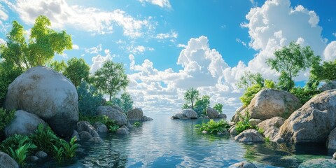 Fototapeta premium A vibrant landscape under a radiant blue sky dotted with fluffy white clouds, enhancing the serene beauty of nature's canvas