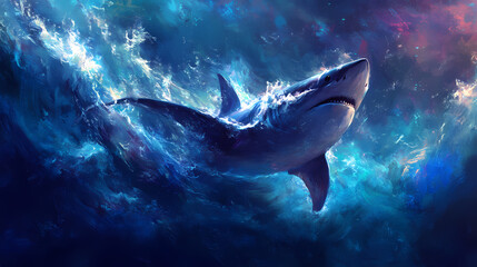 Fototapeta premium Majestic shark cruising through the depths of a mysterious ultramarine ocean its muscular silhouette propelled by languid movements hypnotic and captivating. Sapphire Ocean Depths. Illustration