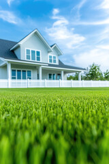 American dream home with green grass lawn, white picket fence. Modern private house and plot.