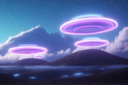 Vivid neon clouds swirl above rolling fractal hills in a digital abstract landscape.