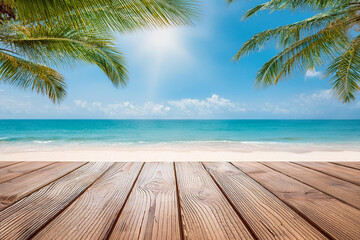 Wooden floor or plank on sand with palm coconut, blurred summer beach and sky background. Royalty high-quality free best stock of empty wooden planks for product display, beautiful nature tranquil