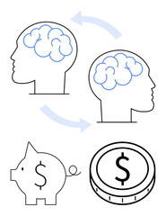 Two human heads with interconnected arrows, a piggy bank, and a coin depicting idea sharing, collaboration, financial planning, investment, savings, education innovation. Abstract line flat metaphor