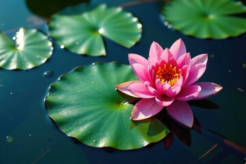 A stunning water lily pad with intricate details and vibrant flowers submerged in crystal clear freshwater, lotus, underwater
