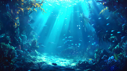 Obraz premium Turquoise ocean and precious, a serene underwater scene with sunlight filtering through the water, illuminating the ocean floor and creating a tranquil atmosphere. Sapphire Ocean Depths. Illustration