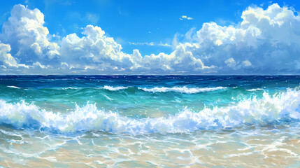 Fototapeta premium Vast ocean view with gentle waves under clear blue sky, evoking tranquility and peace. Sapphire Ocean Depths. Illustration
