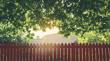 Fototapeta premium Suburban sunset view through leafy branches and red picket fence. Peaceful backyard scene, ideal for real estate or home improvement websites