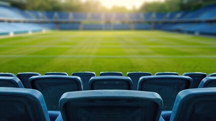 Empty blue seats overlooking a well-maintained green sports field in a stadium during golden hour. Empty Stadium, Silent Stands