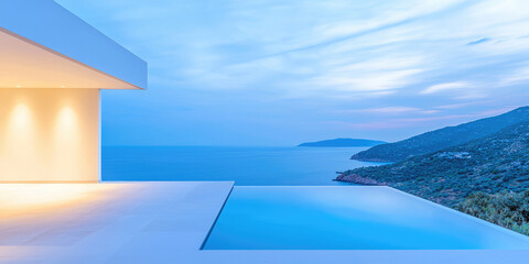 Modern luxury villa with swimming pool and spot exterior lighting. Evening view of the cottage with spot lighting recessed.