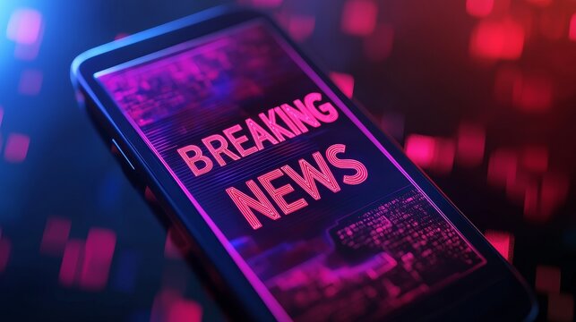 Close-up of a smartphone screen displaying BREAKING NEWS in bold red text, digital interface design, high-resolution, vibrant neon lighting, photorealistic style