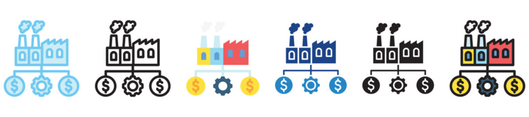 Factory Expansion multi style, mini illustration icon. outline, flat, glyph, dual tone, line color, UI, UX kit, app and web development, digital or print. For finance, business, economy.