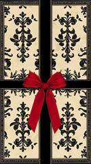 Obraz premium Elegant damask pattern gift wrap, red bow, vintage frame, holiday background, ideal for greeting cards