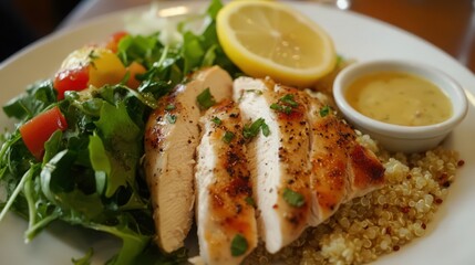 Grilled chicken salad with fresh greens and lemon vinaigrette dressing