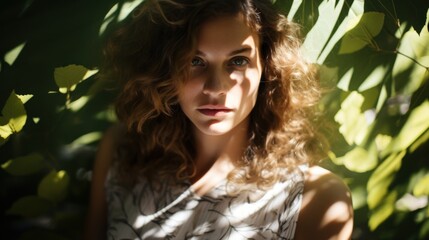 Ethereal portrait of a young woman bathed in natural light and greenery