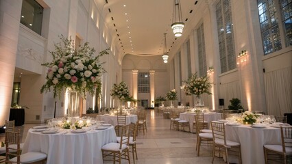 Elegant Wedding Dinner Hall with Tall White Walls and Romantic Decor for Urban Exploration Photography