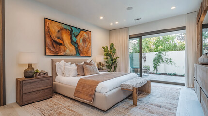 Fototapeta premium Modern bedroom interior design with a bed and a big abstract picture on the wall.