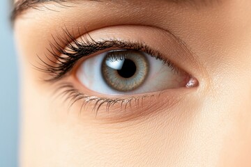 Obraz premium Access to health technology and telemedicine concept. Close-up of a Beautiful Eye with Unique Iris Color and Lush Eyelashes on Soft Skin Background