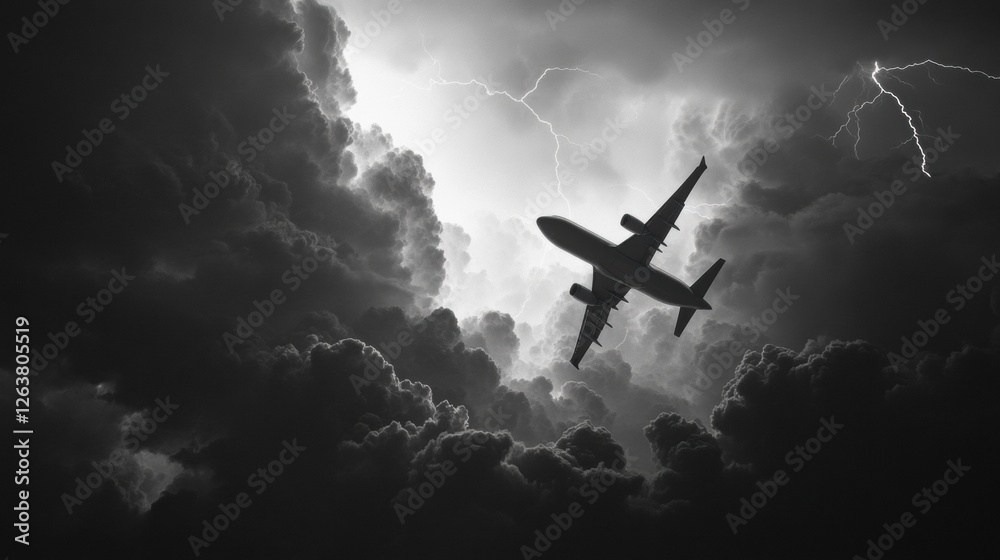 Poster dark clouds swirl as an airplane flies through a thunderstorm in dramatic black and white high above