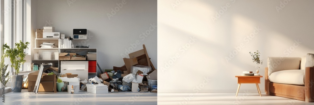 Aufkleber cluttered versus tidy interior view showcasing stark contrast in organization and cleanliness levels