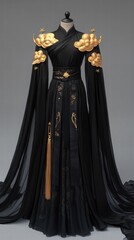 Naklejka premium Elegant Black And Gold Costume Dress With Flowing Silhouette And Intricate Design Details