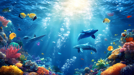 Naklejka premium A serene underwater scene illuminated by sunlight, showcasing the beauty of the ocean depths and vibrant marine life. Sapphire Ocean Depths. Illustration