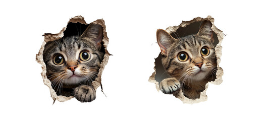 Fototapeta premium Playful Cats Peeking Through Torn Wall
