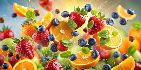 Flying Fruit Salad Splash: Vibrant High-Definition Photo