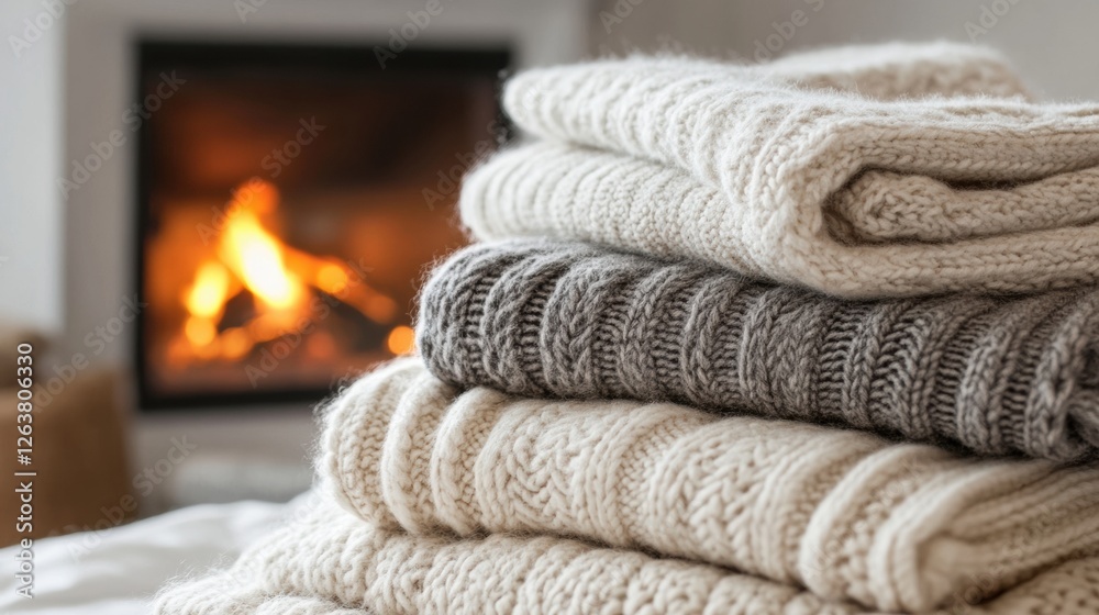 Aufkleber cozy knitted blankets stacked near a warm fireplace creating a inviting winter atmosphere in a livin