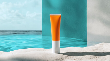 An orange and white sunscreen mockup on a beach background with blue water.