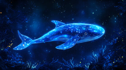 Fototapeta premium Bioluminescent sea sapphire swimming in dark ocean depths. Sapphire Ocean Depths. Illustration
