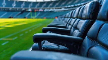 Obraz premium Empty black stadium seats overlook a well-groomed football field, ready for the next game day excitement. Empty Stadium, Silent Stands