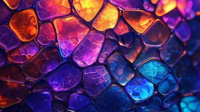 A seamless pattern of abstract mosaic tiles, vibrant jewel tones in irregular geometric shapes, glowing neon accents, futuristic style, high-resolution digital art