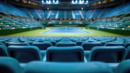 A wide view of an empty tennis stadium ready for a match, showcasing rows of blue seats and a central court under bright lights. Empty Stadium, Silent Stands