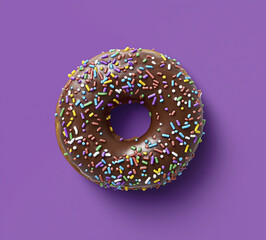 Delicious chocolate doughnut topped with colorful sprinkles on purple background