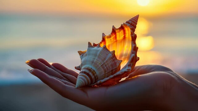 Tranquil Beach Sunset Beautiful Shell in Hand, Embracing Natures Ocean Serenity