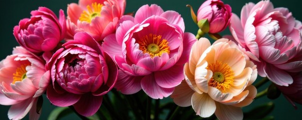 Fototapeta premium Bundle of different colored peony flowers, bouquet arrangement, floral art, garden freshness