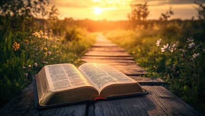 Holy Book on a Path at Sunset: A Serene Moment of Faith and Reflection