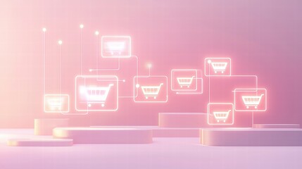 Minimalistic Illustration of a Futuristic E-Commerce Platform with Neon Shopping Carts