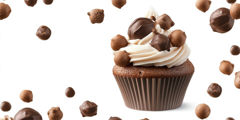 A chocolate cupcake with lots of chocolate crunches before a white background