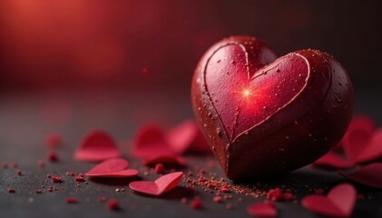 Softly glowing chocolate heart with intricate details , confectionery, sweetness, chocolate