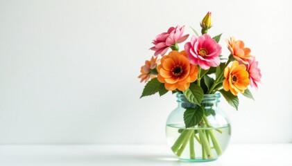 Fototapeta premium Artificial flowers in a large glass container on a white background , flowers, background, style
