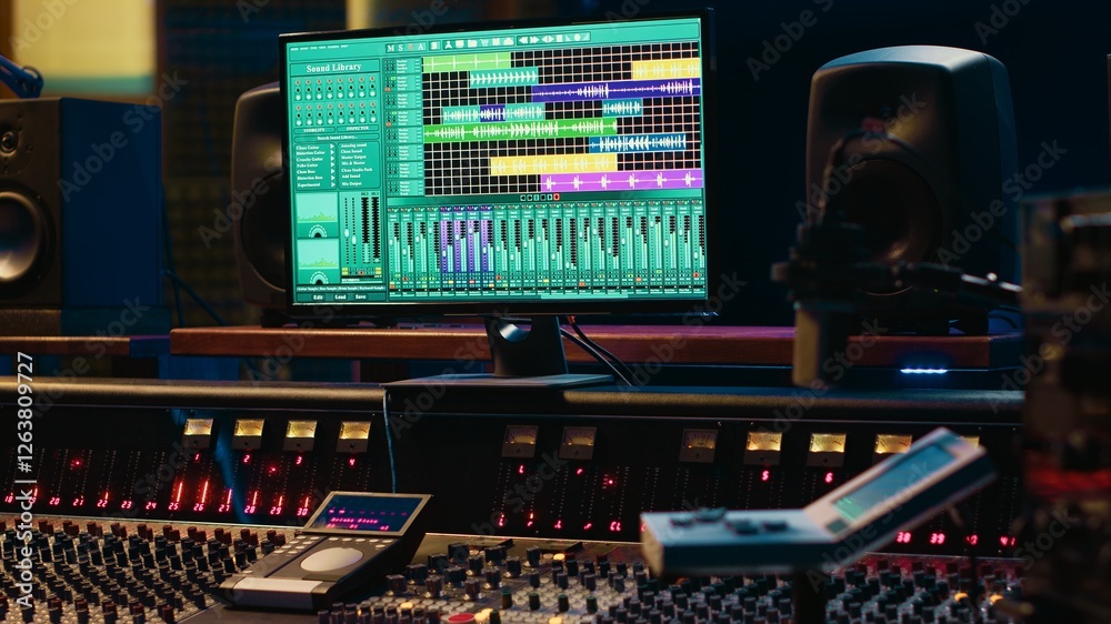 Poster Empty control room professional studio used in music recording industry, mixing console and post production equipment. Soundproof space with daw software, faders and audio editing tools.