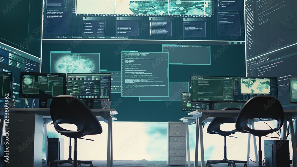 Poster empty governmental cyber security room with computers and software displays. emphasis on network sec