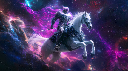 Futuristic knight in shining armor riding a white horse against a cosmic backdrop. Celestial Knights. Illustration