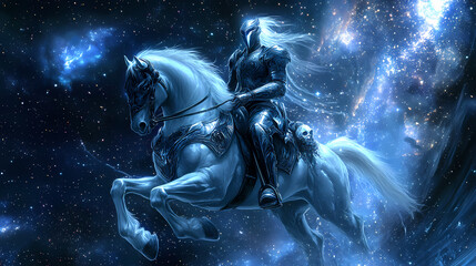 Fototapeta premium Futuristic knight in shining armor riding a white horse against a cosmic backdrop. Celestial Knights. Illustration