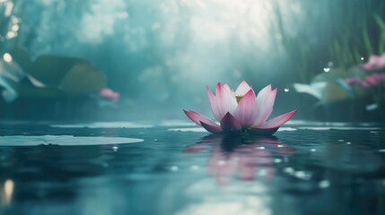 Serene Pink Lotus Blossom in Misty Pond