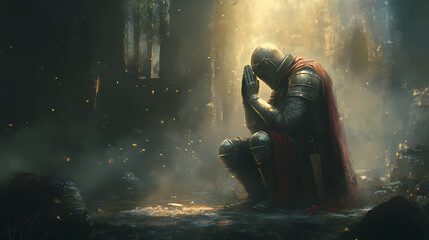 Knight kneeling in prayer, illuminated by celestial light, evokes sense of reverence and peace. Celestial Knights. Illustration