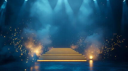 Luminous night sky stage dark blue abstract background with golden lights and illuminated steps, 3d render. Celestial Knights. Illustration