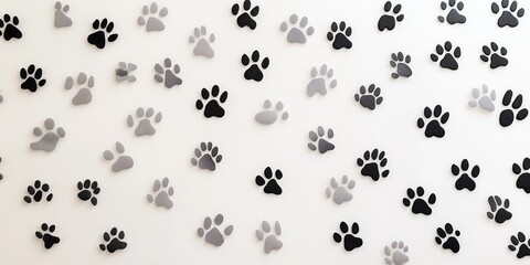 A serene expanse of white adorned with symmetrically aligned black paw prints, creating an elegant and rhythmic pattern. Each delicate footprint tells its own story against the pristine backdrop, evok