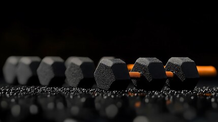 Close-up view of hexagonal dumbbells arranged neatly on a shiny surface with dark background